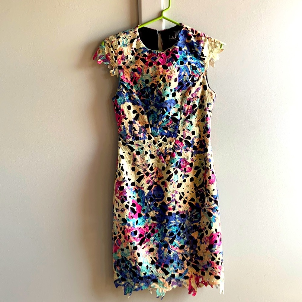 Beautiful cocktail dress! Colorful and vibrant pattern.